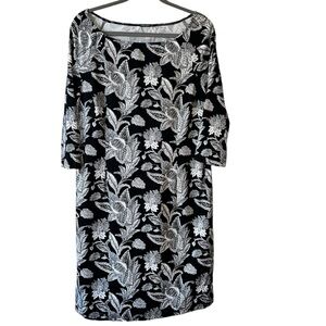 J. McLaughlin Catalina Cloth Balck and White Floral Dress XL Boatneck 3/4 Sleeve